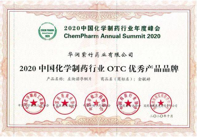 金毓婷(左炔诺孕酮片)荣获2020中国化学制药行业OTC优秀产品品牌